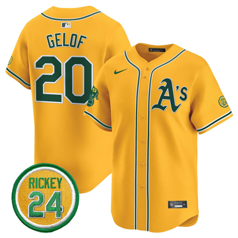 Men's Oakland Athletics 20 Zack Gelof Yellow 2024 Limited With Rickey Henderson Patch Stitched Jersey