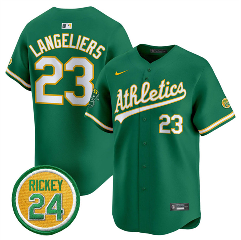 Men's Oakland Athletics 23 Shea Langeliers Green 2024 Limited With Rickey Henderson Patch Stitched Jersey