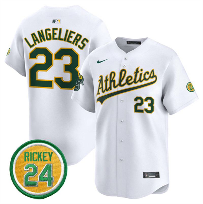 Men's Oakland Athletics 23 Shea Langeliers White 2024 Home Limited With Rickey Henderson Patch Stitched Jersey
