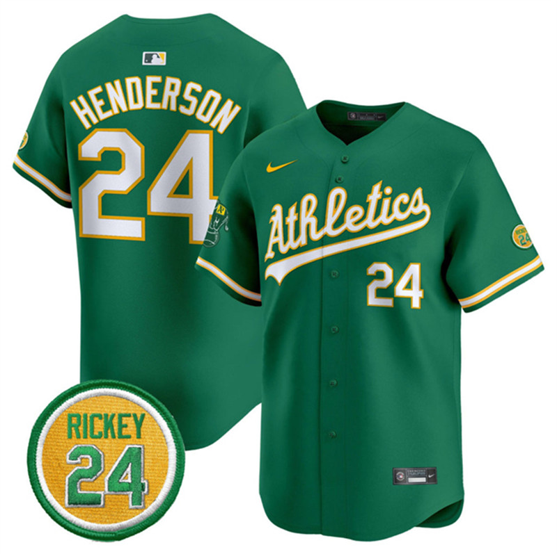 Men's Oakland Athletics 24 Rickey Henderson Green 2024 Limited With Rickey Henderson Patch Stitched Jersey