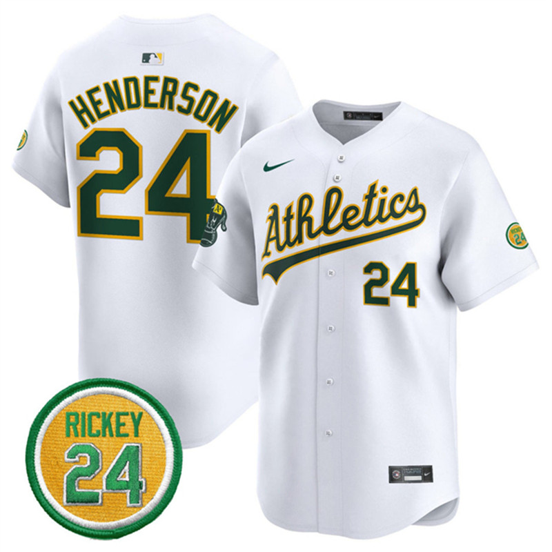 Men's Oakland Athletics 24 Rickey Henderson White 2024 Home Limited With Rickey Henderson Patch Stitched Jersey