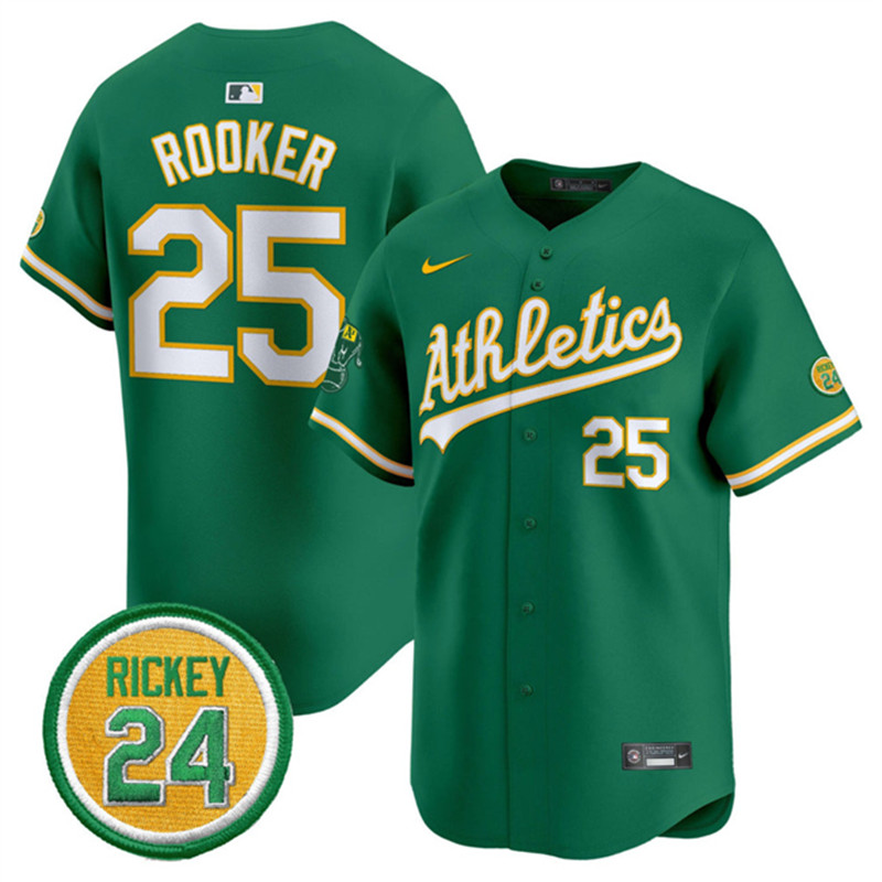 Men's Oakland Athletics 25 Brent Rooker Green 2024 Limited With Rickey Henderson Patch Stitched Jersey