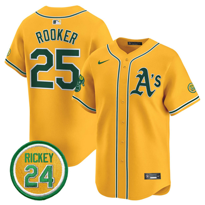 Men's Oakland Athletics 25 Brent Rooker Yellow 2024 Limited With Rickey Henderson Patch Stitched Jersey