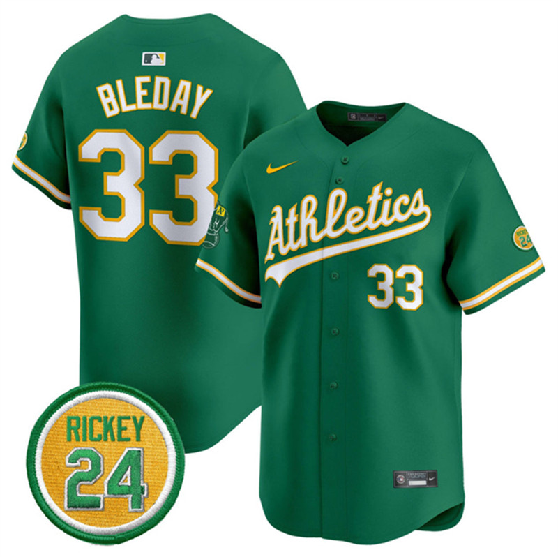 Men's Oakland Athletics 33 JJ Bleday Green 2024 Limited With Rickey Henderson Patch Stitched Jersey