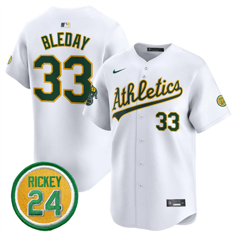 Men's Oakland Athletics 33 JJ Bleday White 2024 Home Limited With Rickey Henderson Patch Stitched Jersey