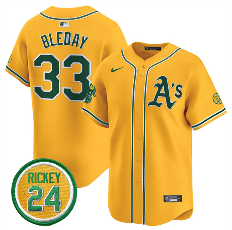 Men's Oakland Athletics 33 JJ Bleday Yellow 2024 Limited With Rickey Henderson Patch Stitched Jersey