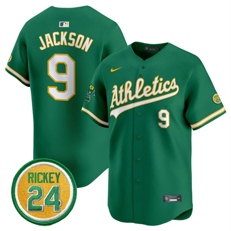 Men's Oakland Athletics 9 Reggie Jackson Green 2024 Limited With Rickey Henderson Patch Stitched Jersey