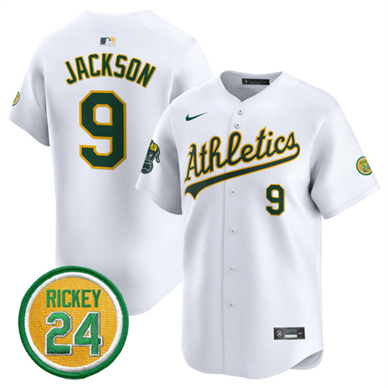 Men's Oakland Athletics 9 Reggie Jackson White 2024 Home Limited With Rickey Henderson Patch Stitched Jersey