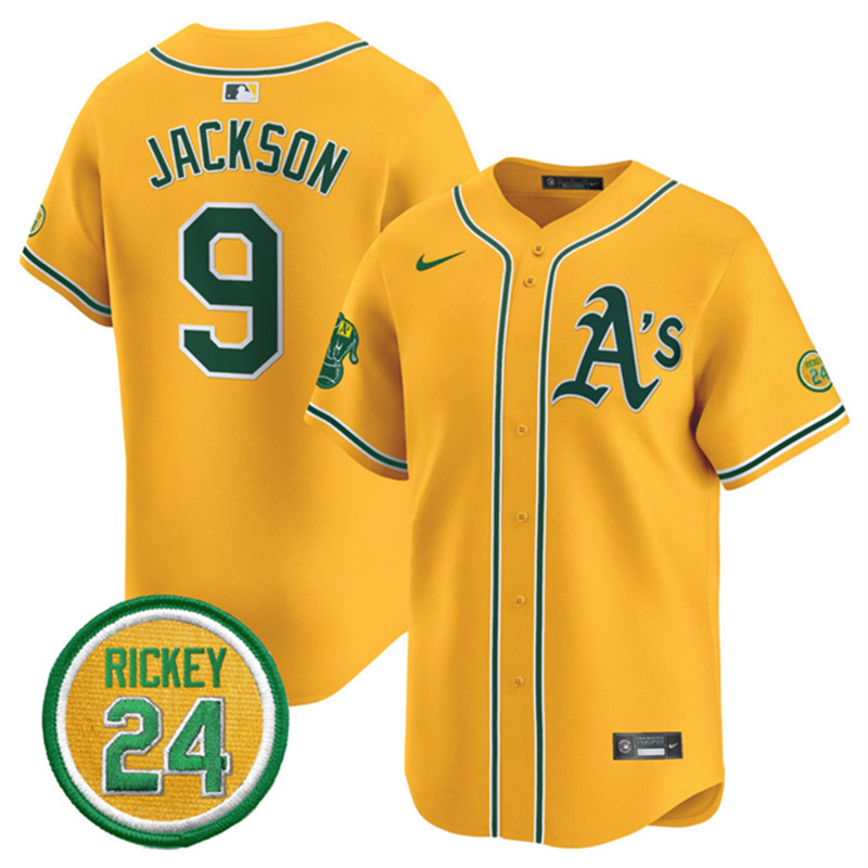 Men's Oakland Athletics 9 Reggie Jackson Yellow 2024 Limited With Rickey Henderson Patch Stitched Jersey