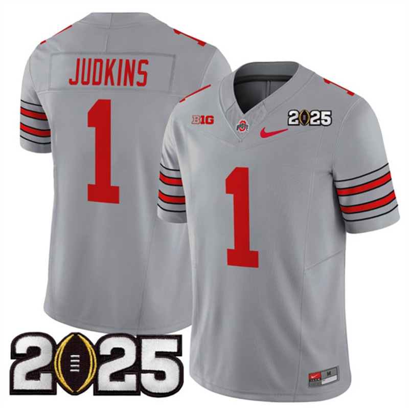 Men's Ohio State Buckeyes 1 Quinshon Judkins Grey 2025 CFP Final Patch F.U.S.E. Vapor Limited Stitched Football Jersey