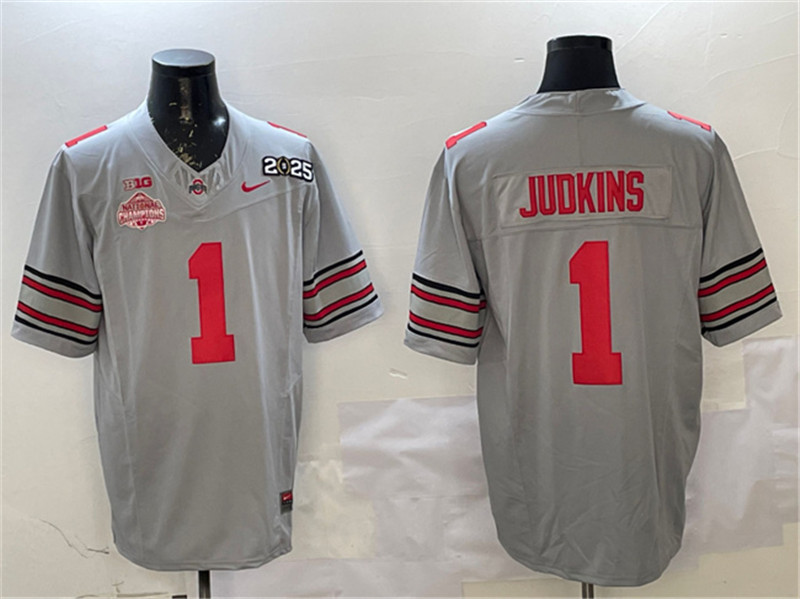 Men's Ohio State Buckeyes 1 Quinshon Judkins Grey 2025 CFP Final With National Champions Patch F.U.S.E. Vapor Limited Stitched Football Jersey