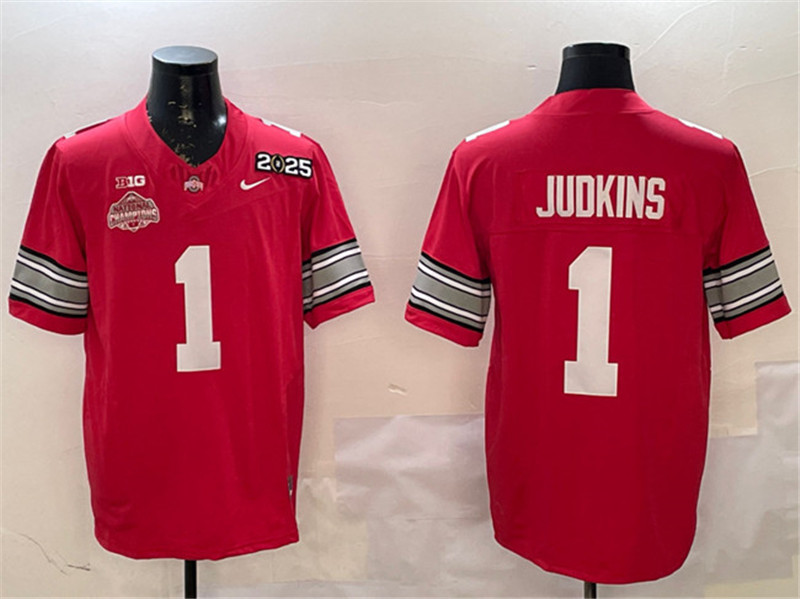 Men's Ohio State Buckeyes 1 Quinshon Judkins Red 2025 CFP Final With National Champions Patch F.U.S.E. Vapor Limited Stitched Football Jersey