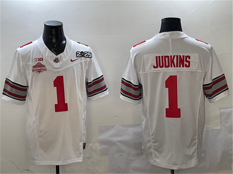 Men's Ohio State Buckeyes 1 Quinshon Judkins White 2025 CFP Final With National Champions Patch F.U.S.E. Vapor Limited Stitched Football Jersey