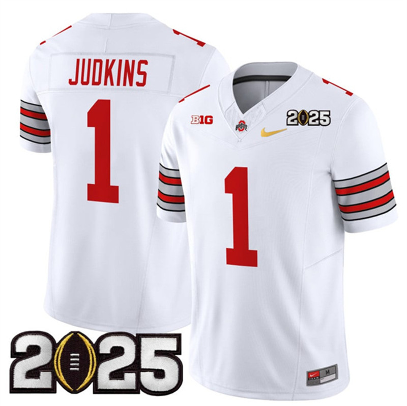 Men's Ohio State Buckeyes 1 Quinshon Judkins White Gold 2025 CFP Final Patch F.U.S.E. Vapor Limited Stitched Football Jersey