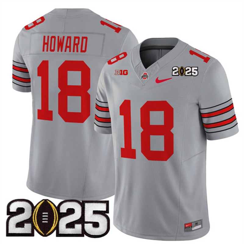 Men's Ohio State Buckeyes 18 Will Howard Grey 2025 CFP Final Patch F.U.S.E. Vapor Limited Stitched Football Jersey