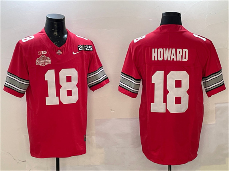 Men's Ohio State Buckeyes 18 Will Howard Red 2025 CFP Final With National Champions Patch F.U.S.E. Vapor Limited Stitched Football Jersey