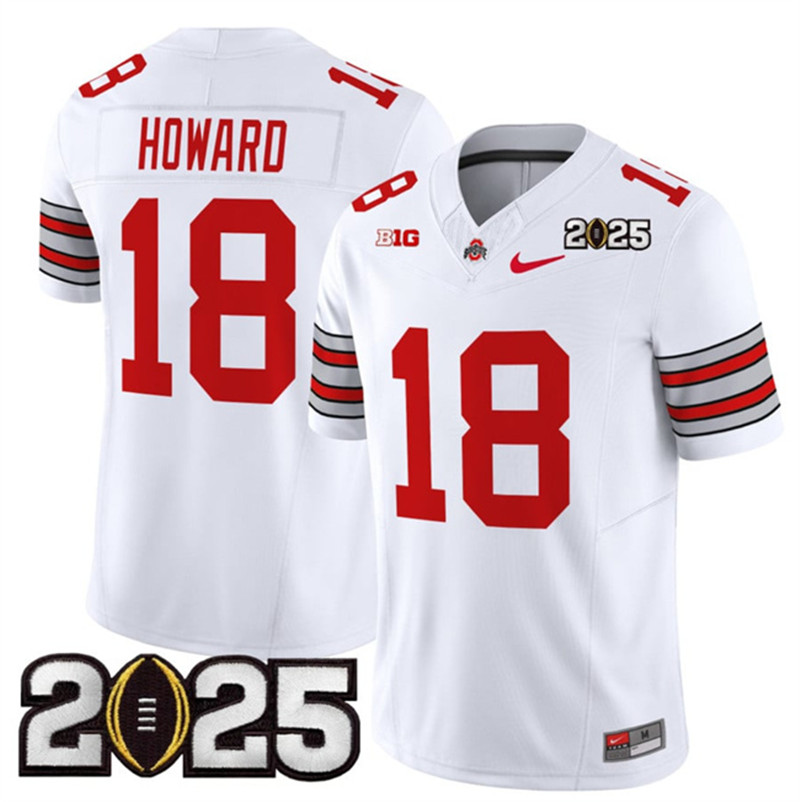 Men's Ohio State Buckeyes 18 Will Howard White 2025 CFP Final Patch F.U.S.E. Vapor Limited Stitched Football Jersey