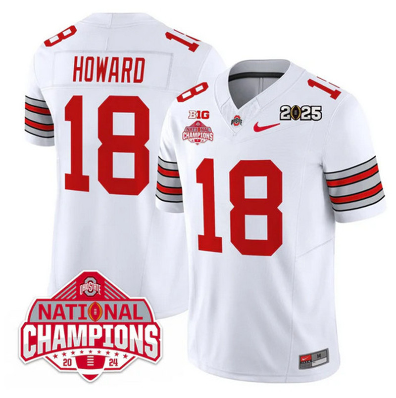Men's Ohio State Buckeyes 18 Will Howard White 2025 CFP Final With National Champions Patch F.U.S.E. Vapor Limited Stitched Football Jersey