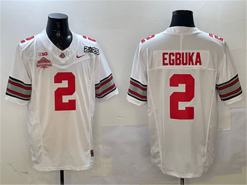 Men's Ohio State Buckeyes 2 Emeka Egbuka White 2025 CFP Final With National Champions Patch F.U.S.E. Vapor Limited Stitched Football Jersey