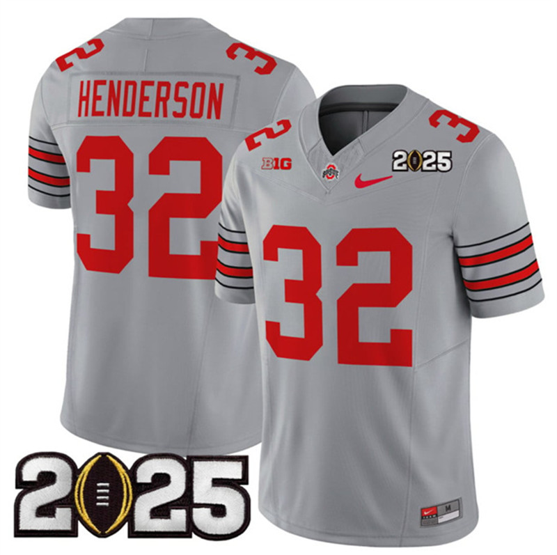 Men's Ohio State Buckeyes 32 TreVeyon Henderson Grey 2025 CFP Final Patch F.U.S.E. Vapor Limited Stitched Football Jersey