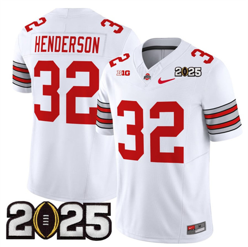 Men's Ohio State Buckeyes 32 TreVeyon Henderson White 2025 CFP Final Patch F.U.S.E. Vapor Limited Stitched Football Jersey