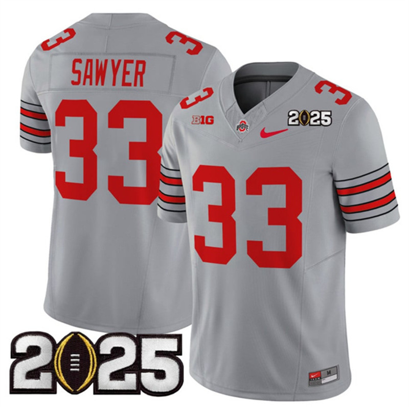 Men's Ohio State Buckeyes 33 Jack Sawyer Grey 2025 CFP Final Patch F.U.S.E. Vapor Limited Stitched Football Jersey