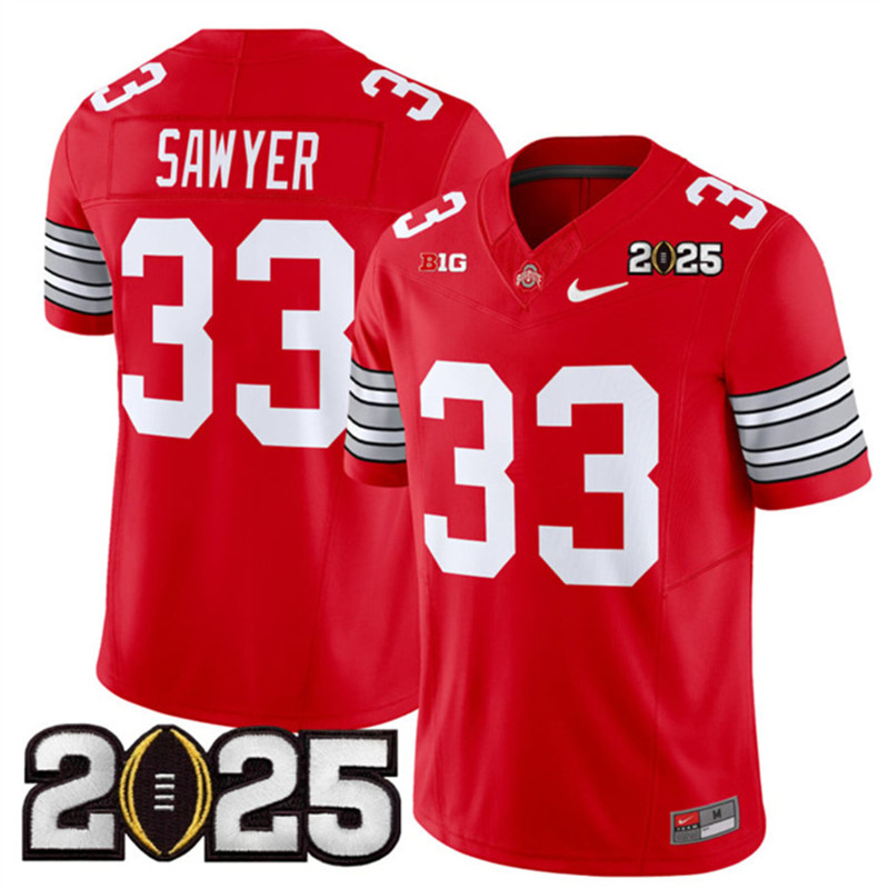 Men's Ohio State Buckeyes 33 Jack Sawyer Red 2025 CFP Final Patch F.U.S.E. Vapor Limited Stitched Football Jersey