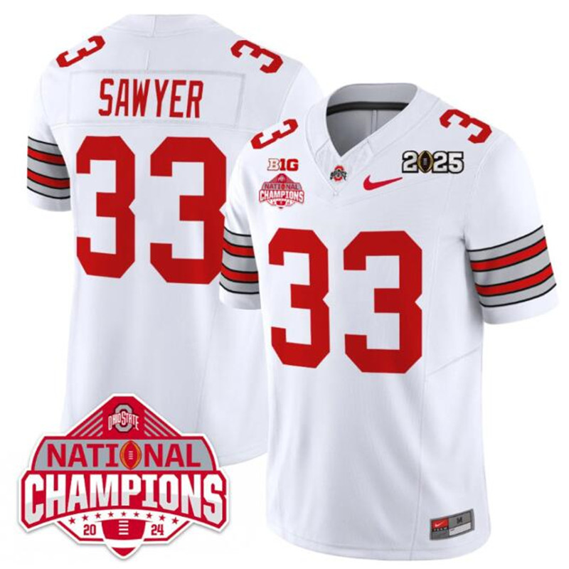 Men's Ohio State Buckeyes 33 Jack Sawyer White 2025 CFP Final With National Champions Patch F.U.S.E. Vapor Limited Stitched Football Jersey