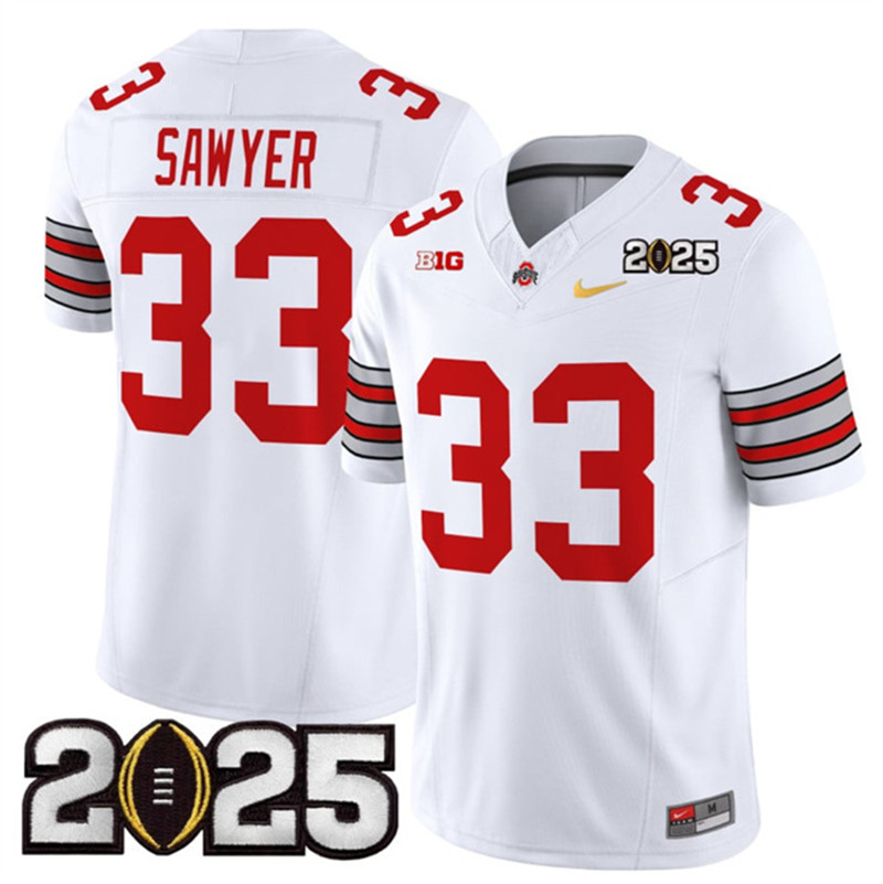 Men's Ohio State Buckeyes 33 Jack Sawyer White Gold 2025 CFP Final Patch F.U.S.E. Vapor Limited Stitched Football Jersey