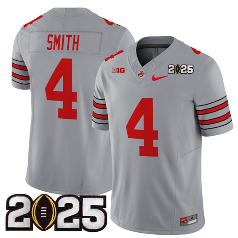 Men's Ohio State Buckeyes 4 Jeremiah Smith Grey 2025 CFP Final Patch F.U.S.E. Vapor Limited Stitched Football Jersey
