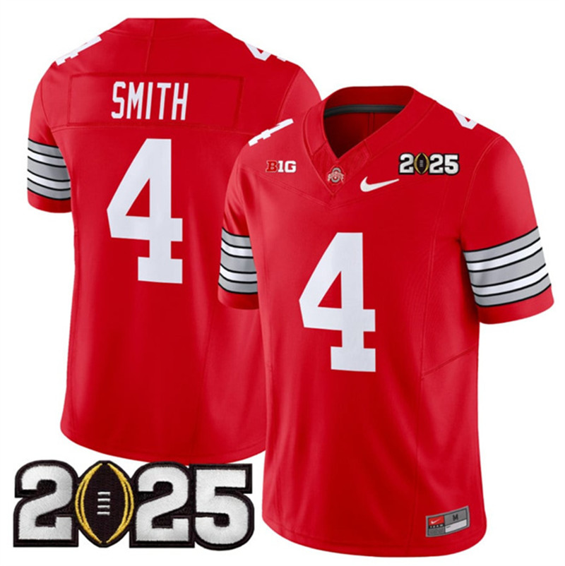 Men's Ohio State Buckeyes 4 Jeremiah Smith Red 2025 CFP Final Patch F.U.S.E. Vapor Limited Stitched Football Jersey