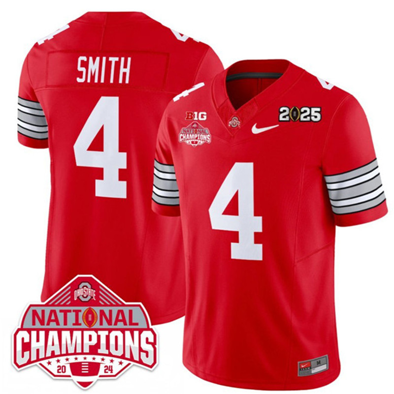 Men's Ohio State Buckeyes 4 Jeremiah Smith Red 2025 CFP Final With National Champions Patch F.U.S.E. Vapor Limited Stitched Football Jersey