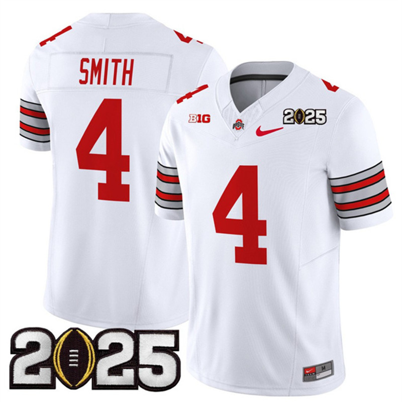 Men's Ohio State Buckeyes 4 Jeremiah Smith White 2025 CFP Final Patch F.U.S.E. Vapor Limited Stitched Football Jersey