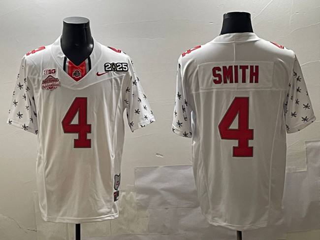 Men's Ohio State Buckeyes 4 Jeremiah Smith White 2025 CFP Final With National Champions Patch F.U.S.E. Vapor Limited Stitched Football Jersey