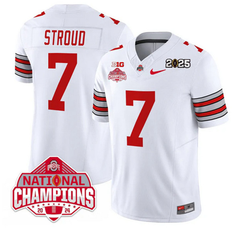 Men's Ohio State Buckeyes 7 C.J. Stroud White 2025 CFP Final With National Champions Patch F.U.S.E. Vapor Limited Stitched Football Jersey