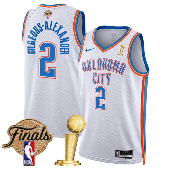 Men's Oklahoma City Thunder 2 Shai Gilgeous Alexander White 2025 Finals Patch And Finals Champions Patch Association Edition Stitched Basketball Jersey