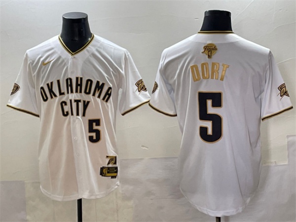 Men's Oklahoma City Thunder 5 Luguentz Dort White Gold 2025 Finals Vapor Stitched Baseball Jersey