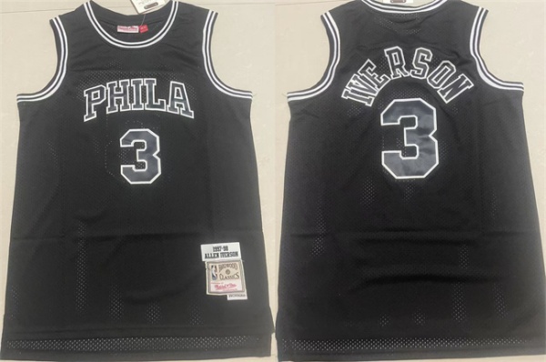 Men's Philadelphia 76ers 3 Allen Iverson Black 1997 98 Throwback Stitched basketball Jersey