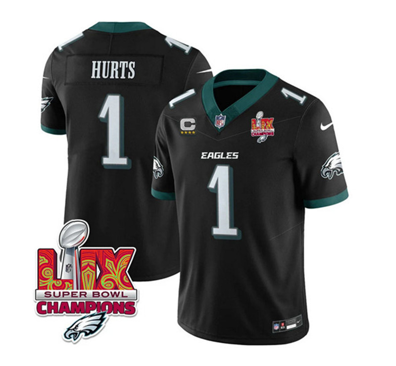 Men's Philadelphia Eagles 1 Jalen Hurts Black 2025 Eagles Logo Super Bowl LIX Patch New F.U.S.E. Vapor Untouchable Limited Football Stitched Jersey