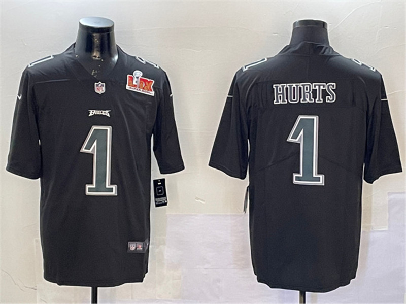 Men's Philadelphia Eagles 1 Jalen Hurts Black 2025 Super Bowl LIX Patch Fashion Vapor Untouchable Limited Stitched Football Jersey