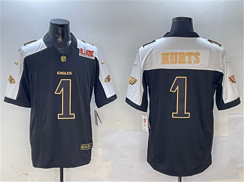 Men's Philadelphia Eagles 1 Jalen Hurts Black Gold 2025 Super Bowl LIX Patch New F.U.S.E. Vapor Untouchable Limited Football Stitched Jersey