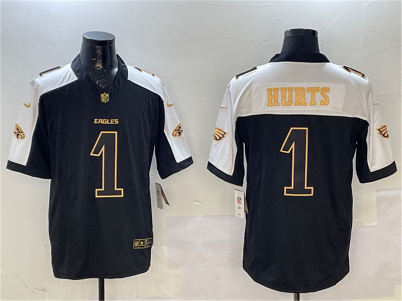 Men's Philadelphia Eagles 1 Jalen Hurts Black Gold New F.U.S.E. Vapor Untouchable Limited Football Stitched Jersey