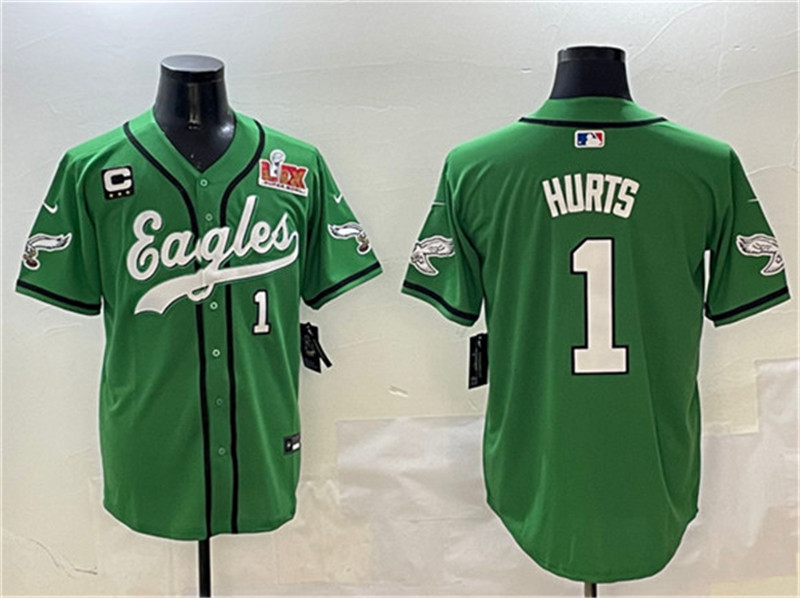 Men's Philadelphia Eagles 1 Jalen Hurts Green 2025 Super Bowl LIX And 3 Star C Patch Stitched Baseball Jersey