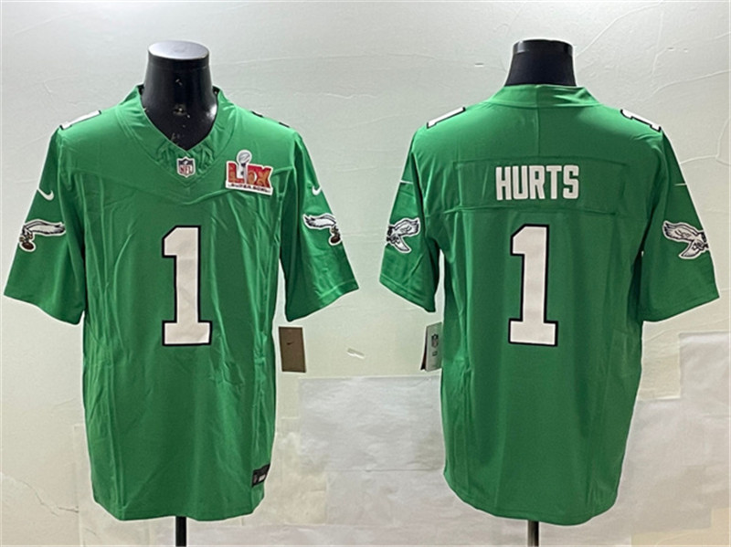 Men's Philadelphia Eagles 1 Jalen Hurts Green 2025 Super Bowl LIX Patch F.U.S.E. Throwback Vapor Untouchable Limited Stitched Football Jersey