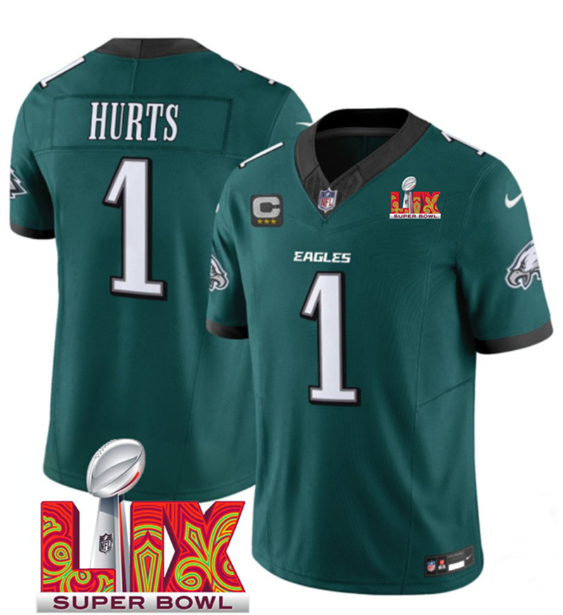 Men's Philadelphia Eagles 1 Jalen Hurts Green 2025 Super Bowl LIX Patch With 3 Star C Patch New F.U.S.E. Vapor Untouchable Limited Stitched Football Jersey