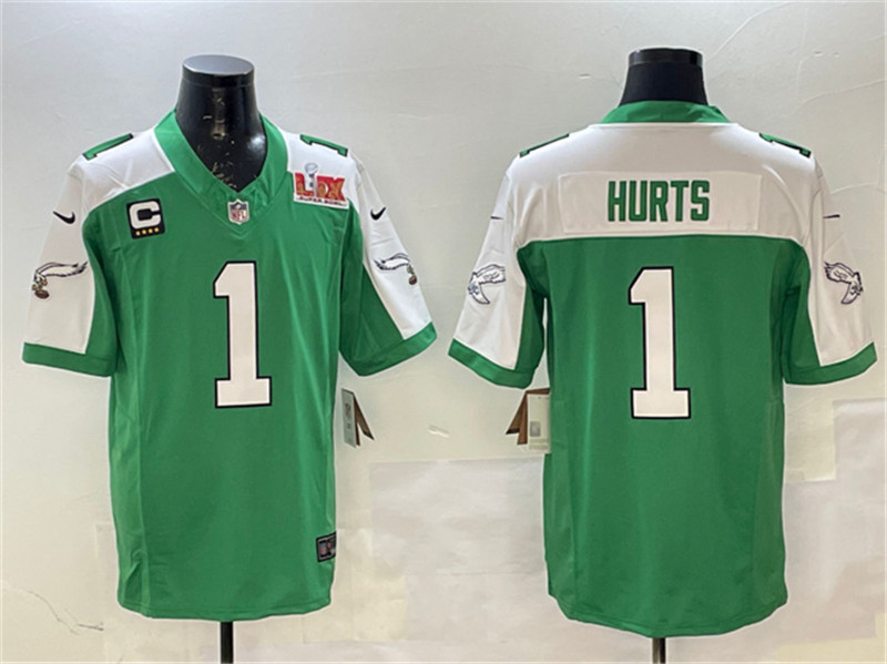 Men's Philadelphia Eagles 1 Jalen Hurts Green White 2025 Super Bowl LIX Patch And 4 Star C Patch F.U.S.E. Vapor Untouchable Limited Football Stitched Jersey