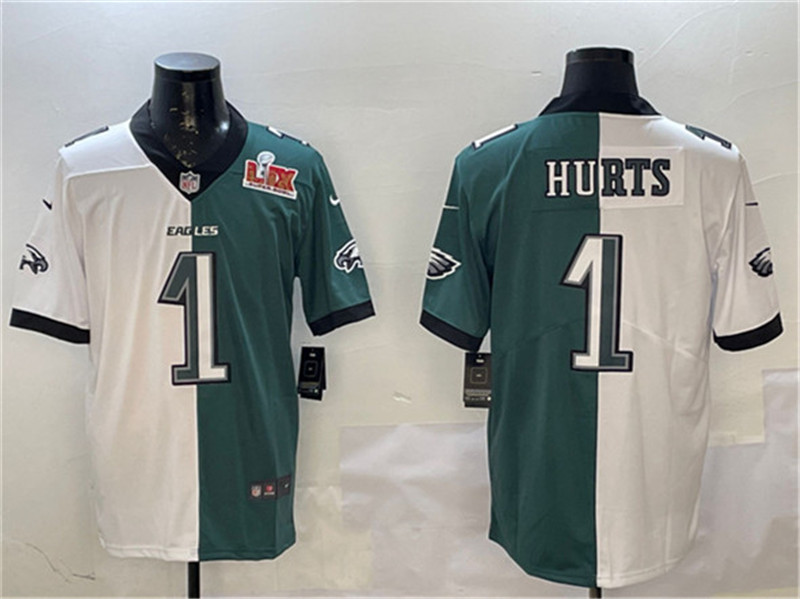 Men's Philadelphia Eagles 1 Jalen Hurts White & Green Split 2025 Super Bowl LIX Patch Vapor Untouchable Limited Football Stitched Jersey
