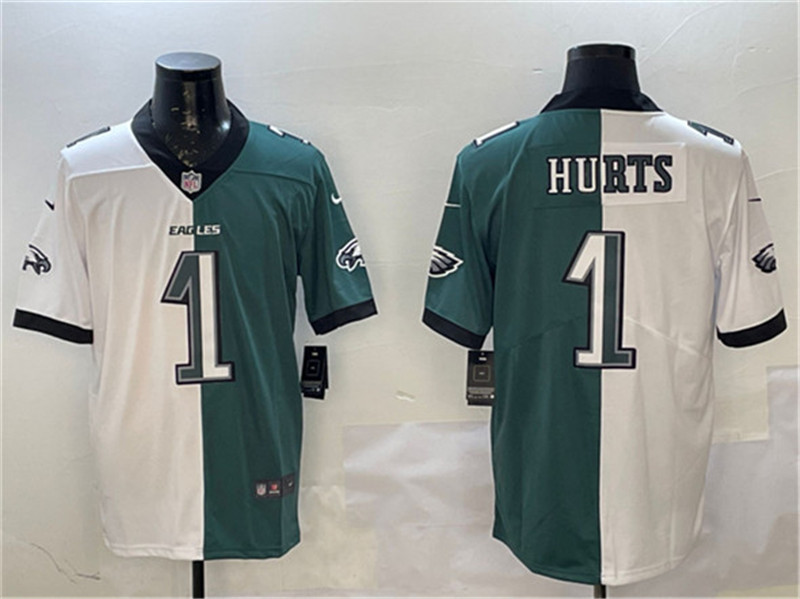 Men's Philadelphia Eagles 1 Jalen Hurts White & Green Split Vapor Untouchable Limited Football Stitched Jersey