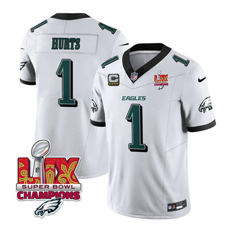 Men's Philadelphia Eagles 1 Jalen Hurts White 2025 Eagles Logo Super Bowl LIX Patch New F.U.S.E. Vapor Untouchable Limited Football Stitched Jersey