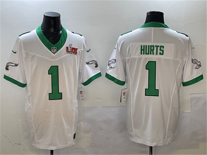 Men's Philadelphia Eagles 1 Jalen Hurts White 2025 Super Bowl LIX Patch F.U.S.E. Vapor Untouchable Limited Stitched Football Jersey